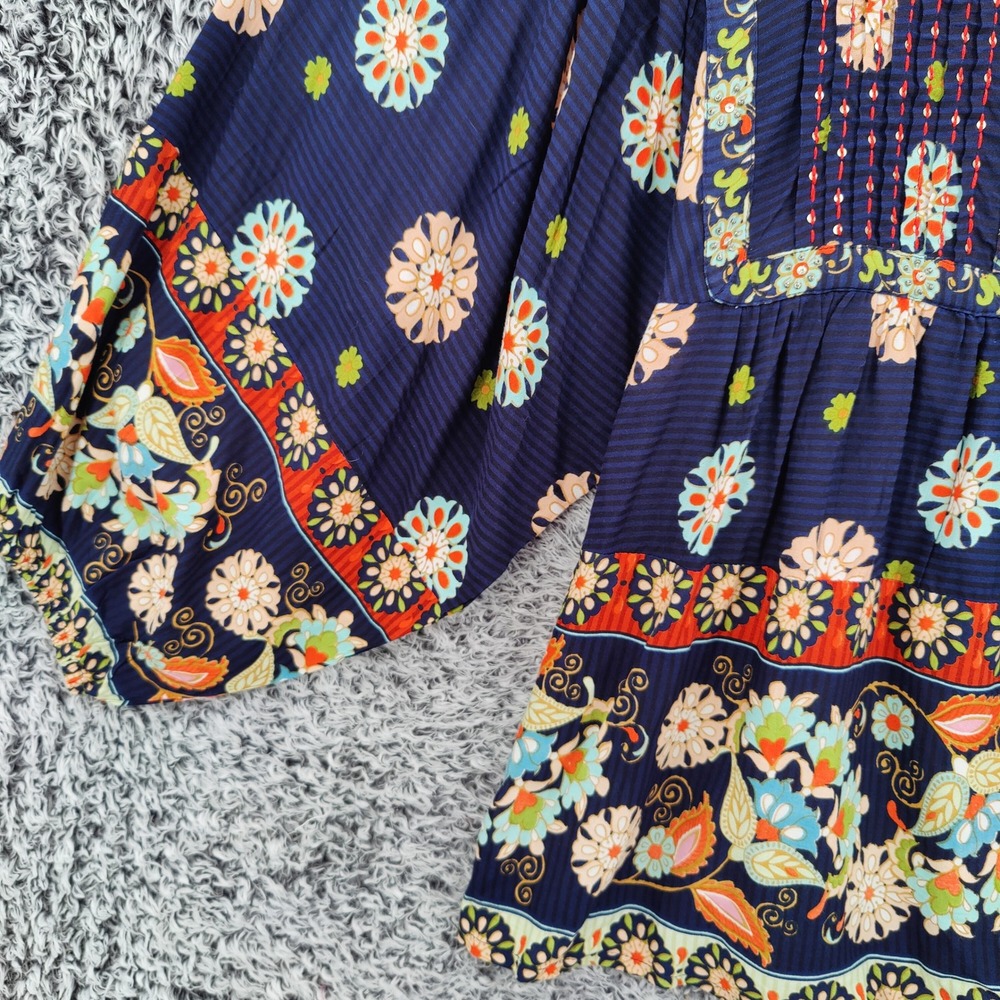 Orientique Womens Boho Floral Pintuck Peasant Blouse Large Navy Blue Wide Sleeve - Picture 10 of 16